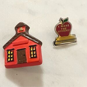 Vintage Set of 2 Enamel and Ceramic Pencil Book School House Brooches